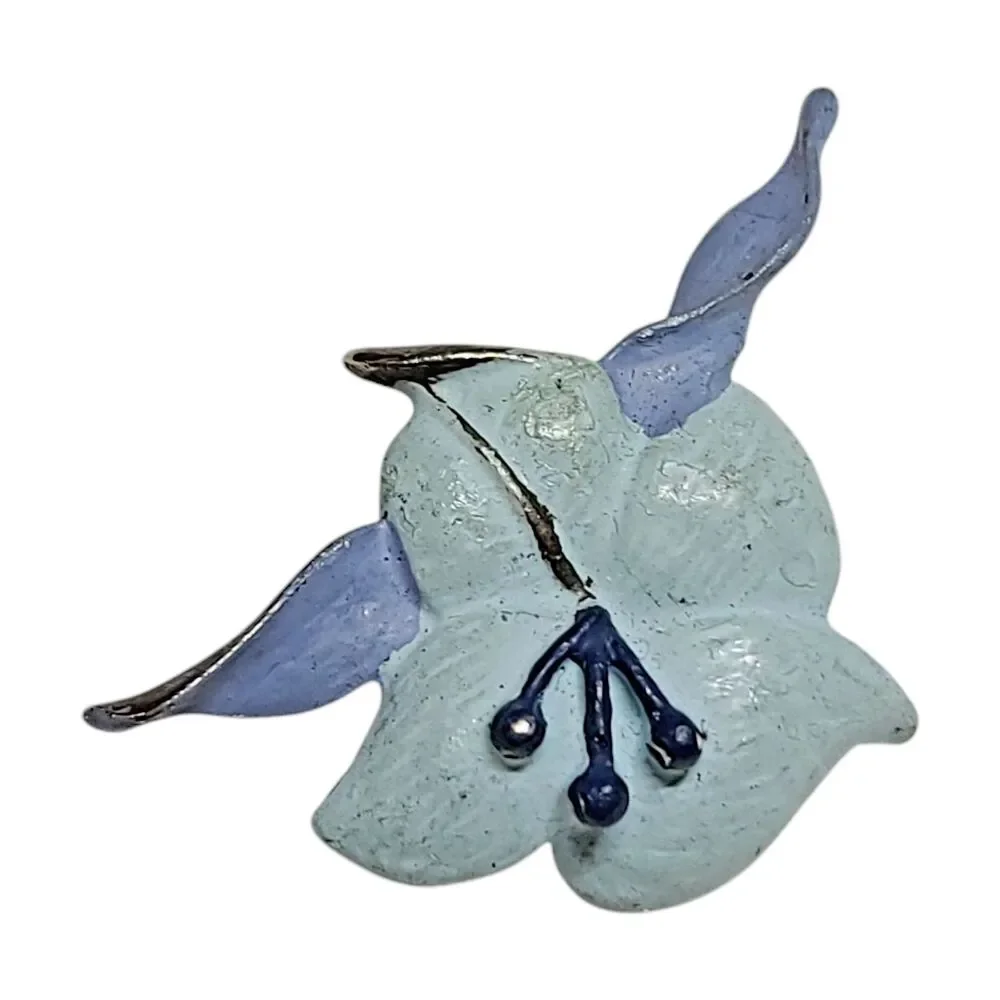 Vintage Metal Painted Blue Enamel Flower Pin Brooch Spring Floral Silver Tone